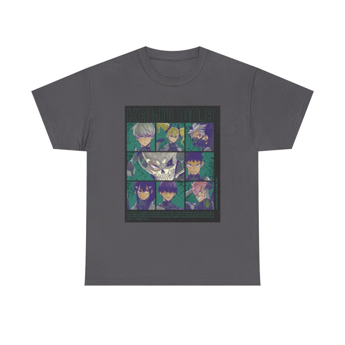 Anime Character Collage T-Shirt | Illustrated Faces Grid, Retro Neon Palette Kaiju No. 8 - Official apparel merchandise