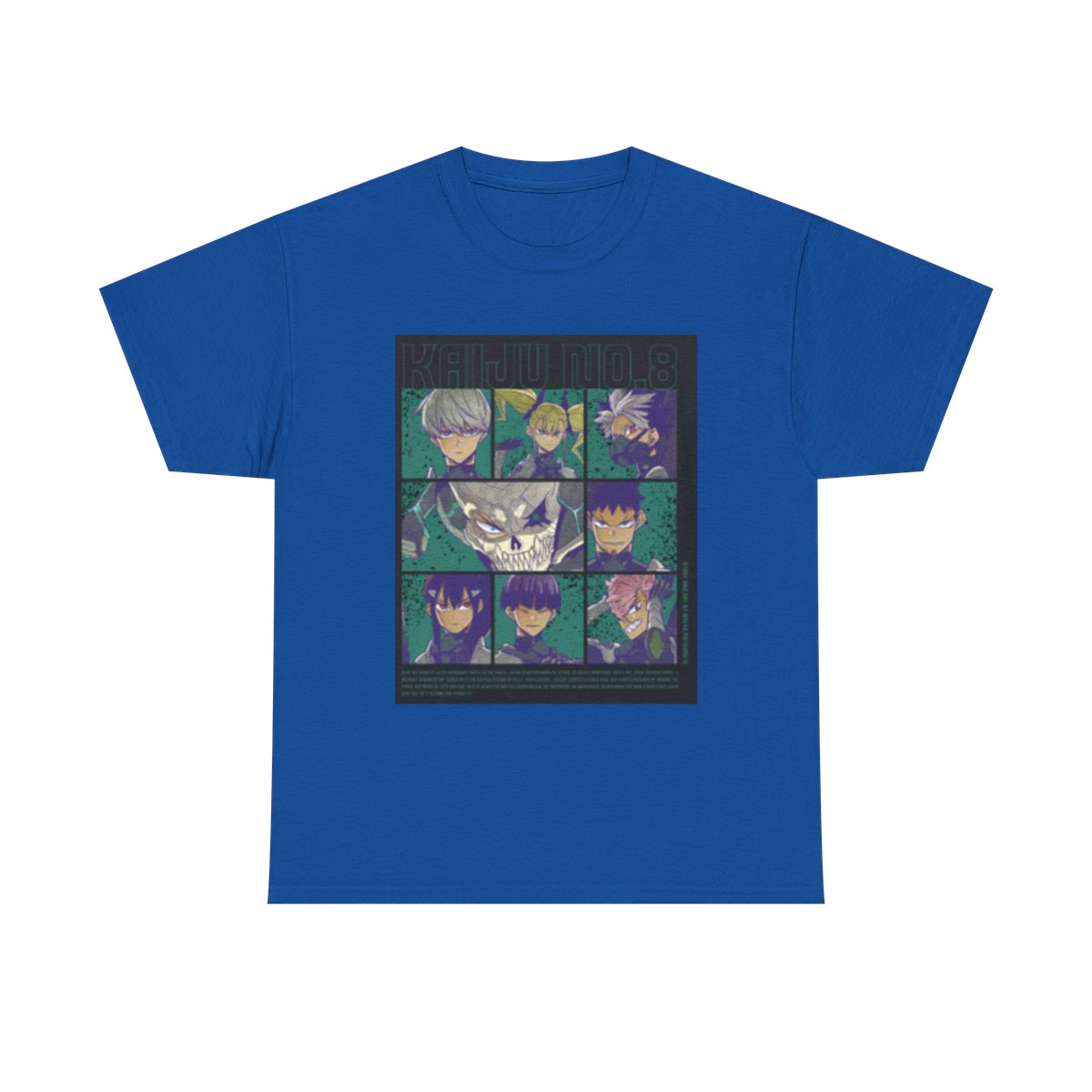 Anime Character Collage T-Shirt | Illustrated Faces Grid, Retro Neon Palette Kaiju No. 8 - alternate angle 5, merchandise