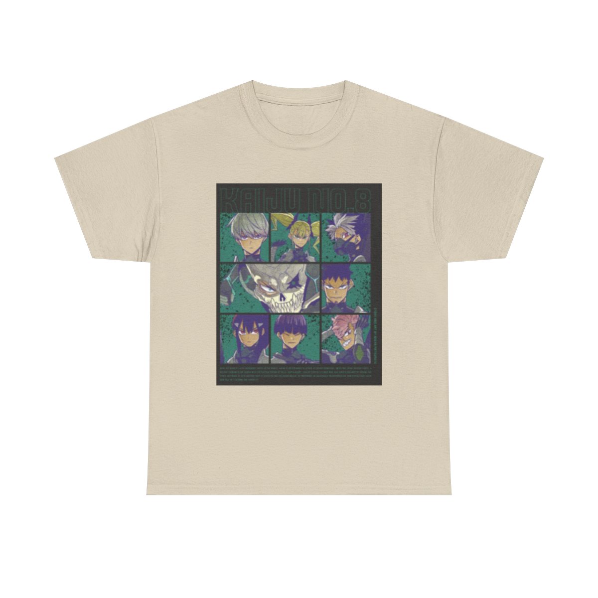 Anime Character Collage T-Shirt | Illustrated Faces Grid, Retro Neon Palette Kaiju No. 8 - alternate angle 4, merchandise
