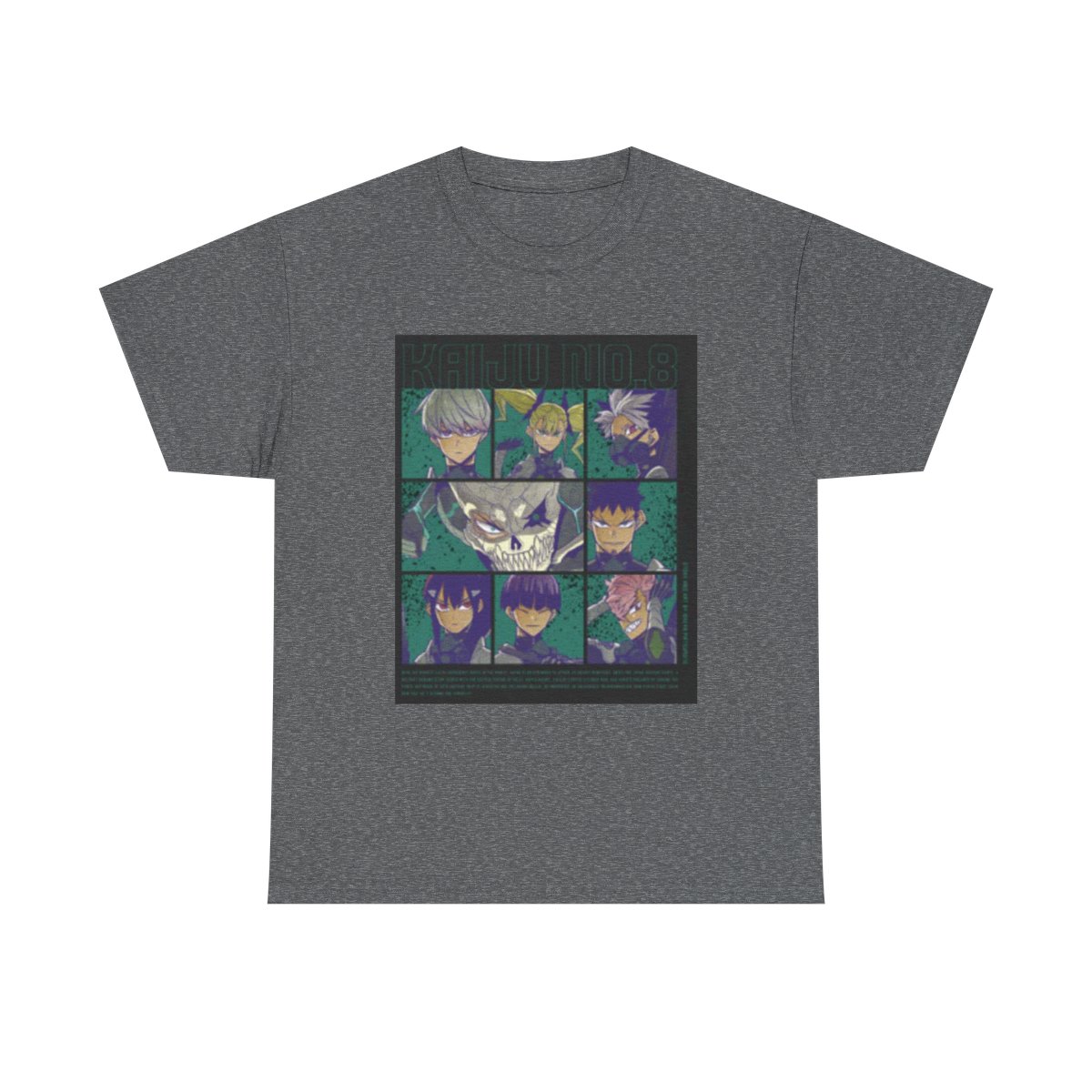 Anime Character Collage T-Shirt | Illustrated Faces Grid, Retro Neon Palette Kaiju No. 8 - alternate angle 3, merchandise